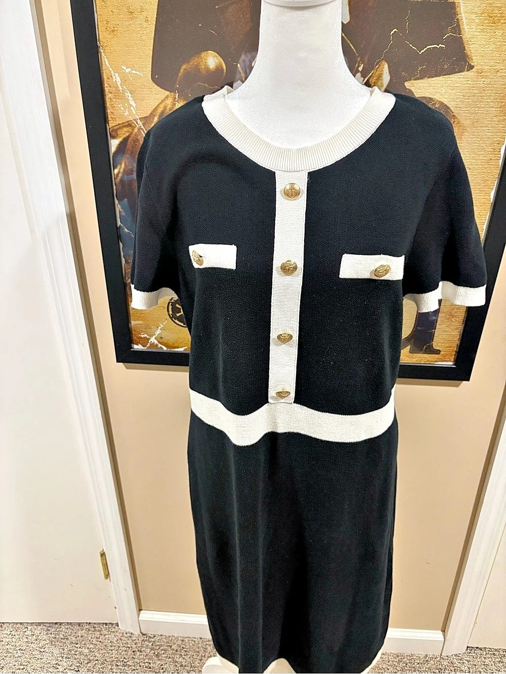 Talbots Black and White Contrast Knit Sweater Dress with Gold Buttons